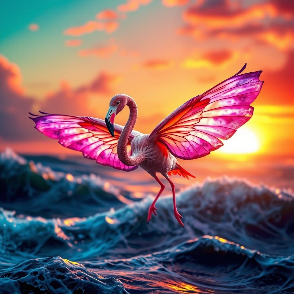 A Majestic Flamingo-Butterfly Hybrid in Iridescent Flight