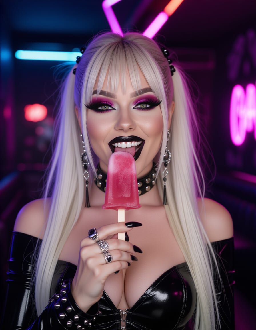 Glamorous Goth Woman Licking Ice Lolly in Neon Club
