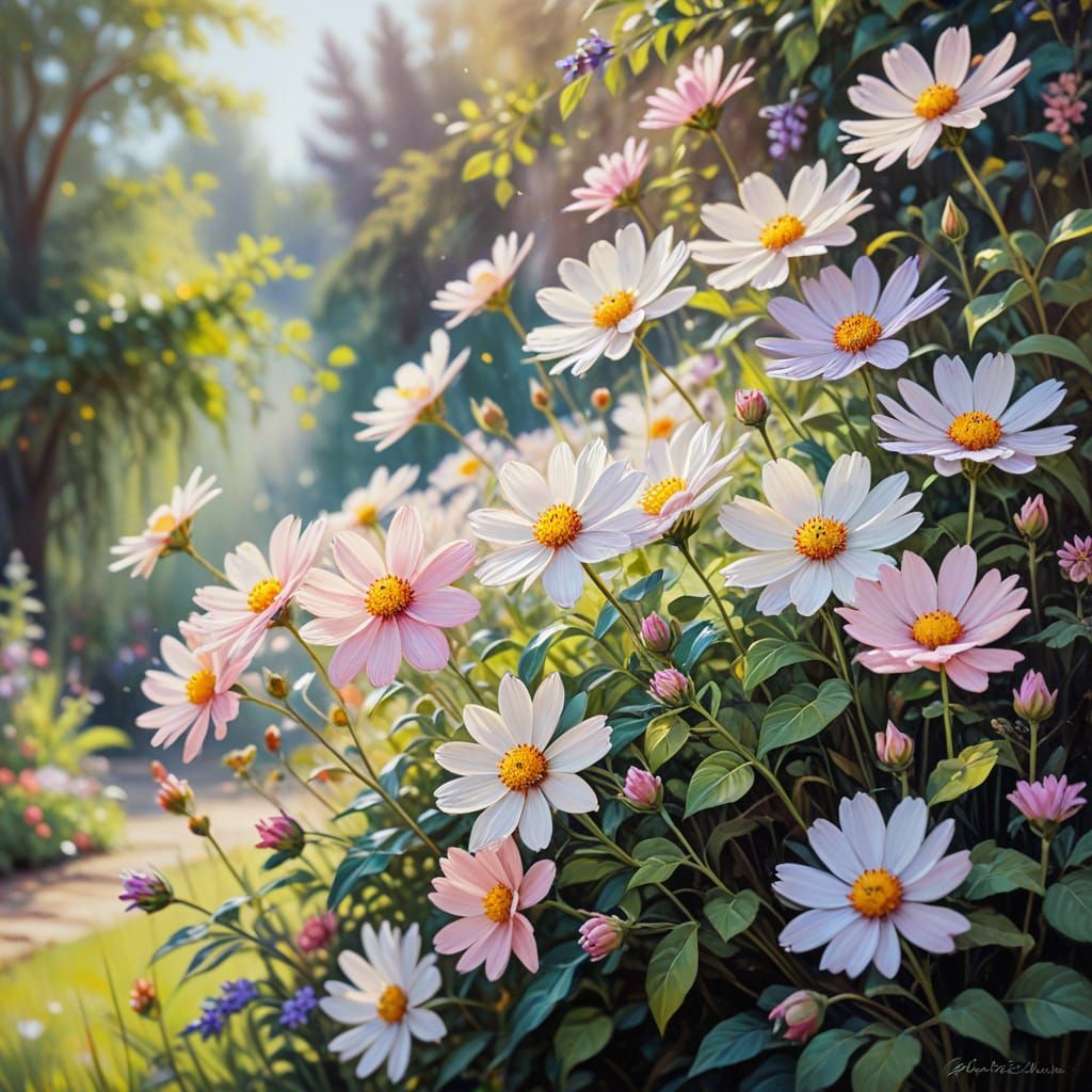 Impressionist Oil Painting of Flowers in a Garden