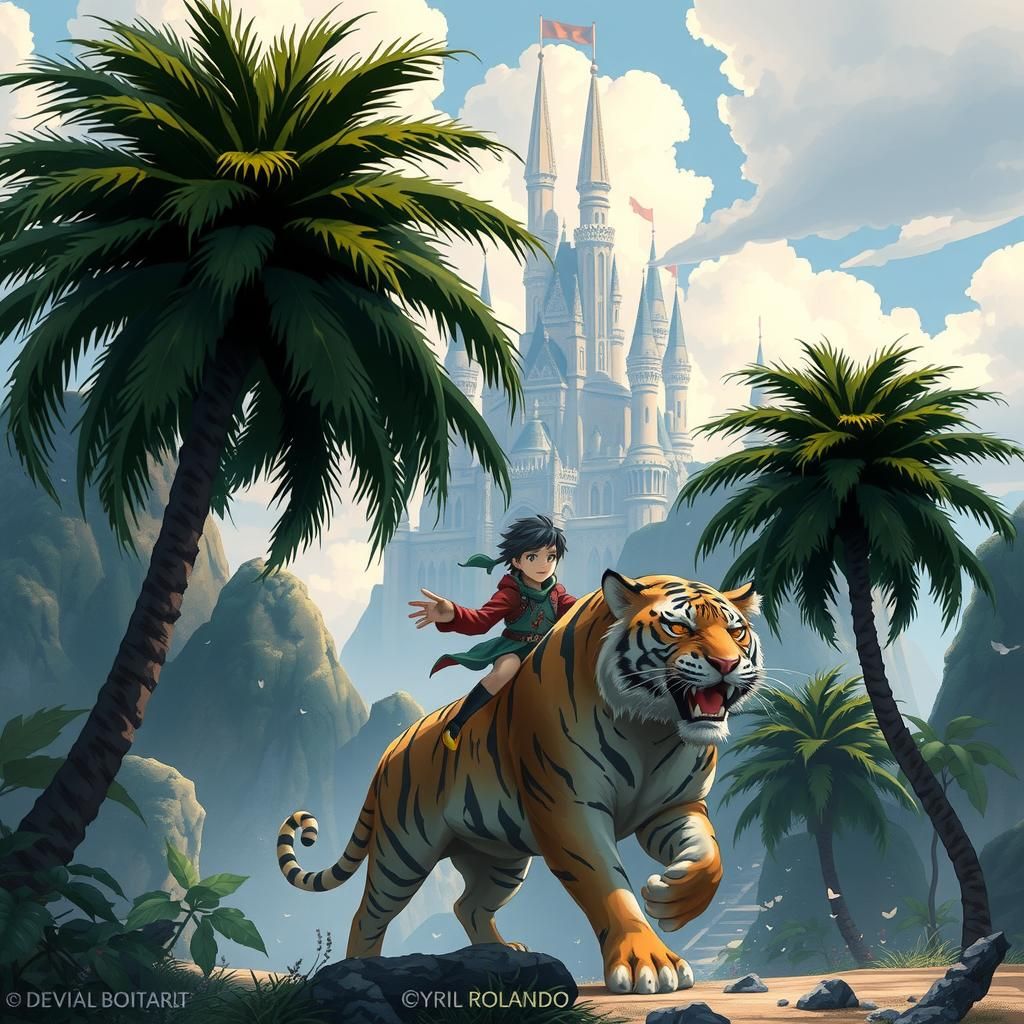 Anime Boy on Tiger: Fantasy Art in Rolando Style