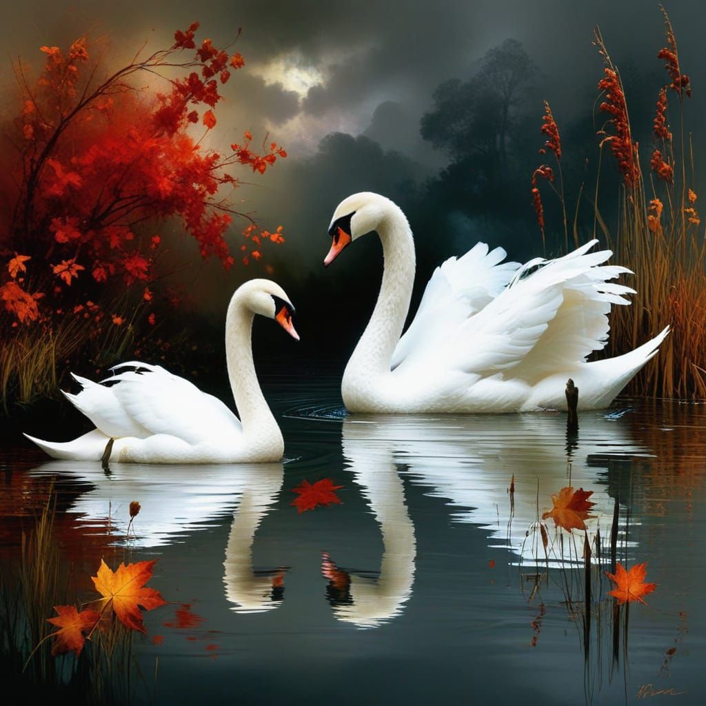Autumn Swans in Oil Paintings Style