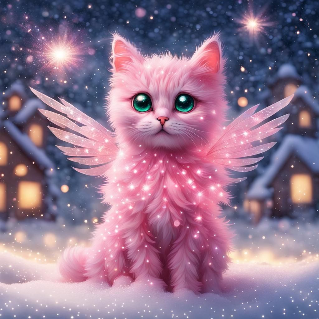 Pink Winged Cat in Sparkling Snowy Sky