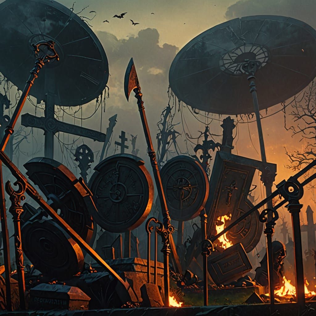 Dark Fantasy Scythe Forging in Cemetery at Sunset