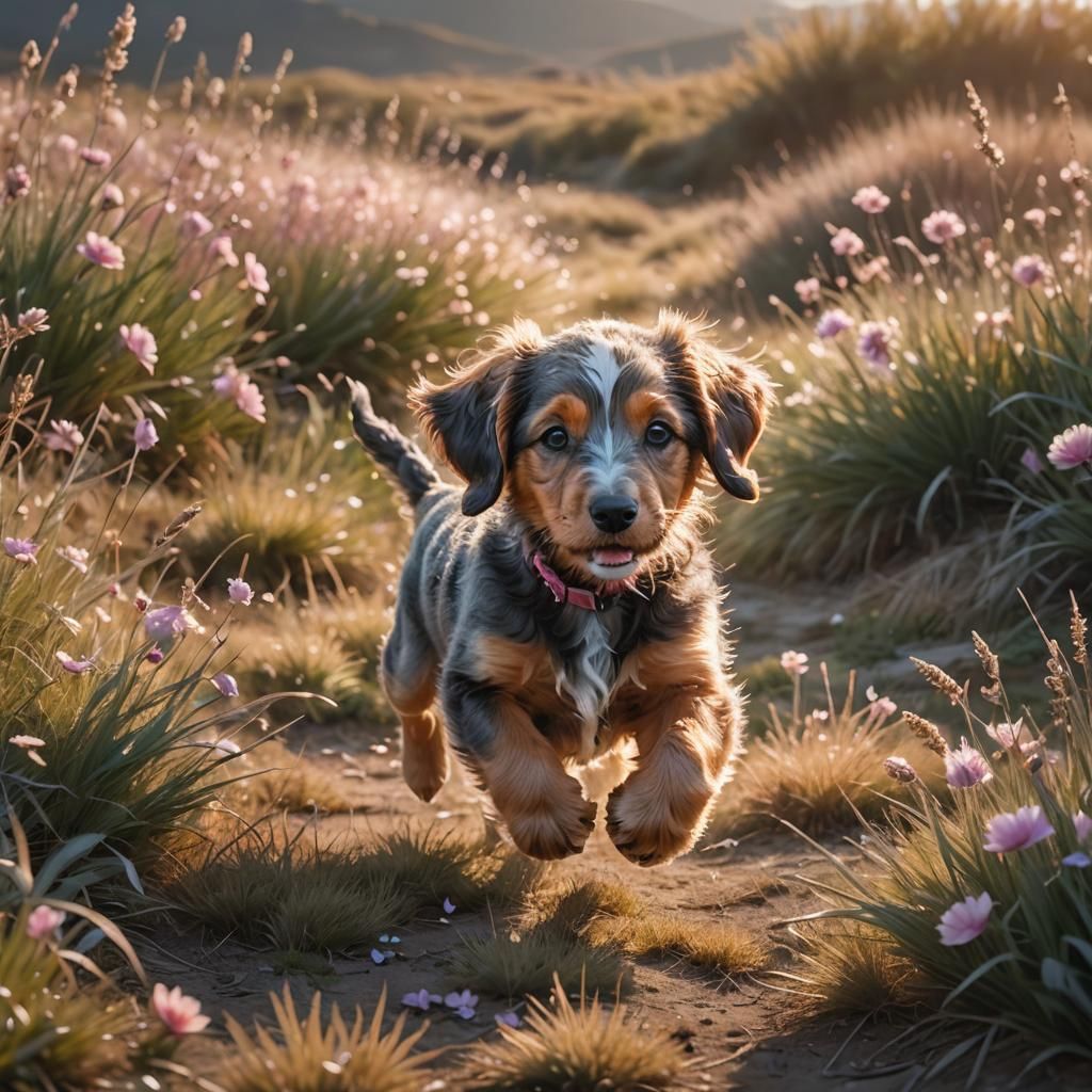 Fluffy Dachshund Puppy in Whimsical Fantasy Landscape