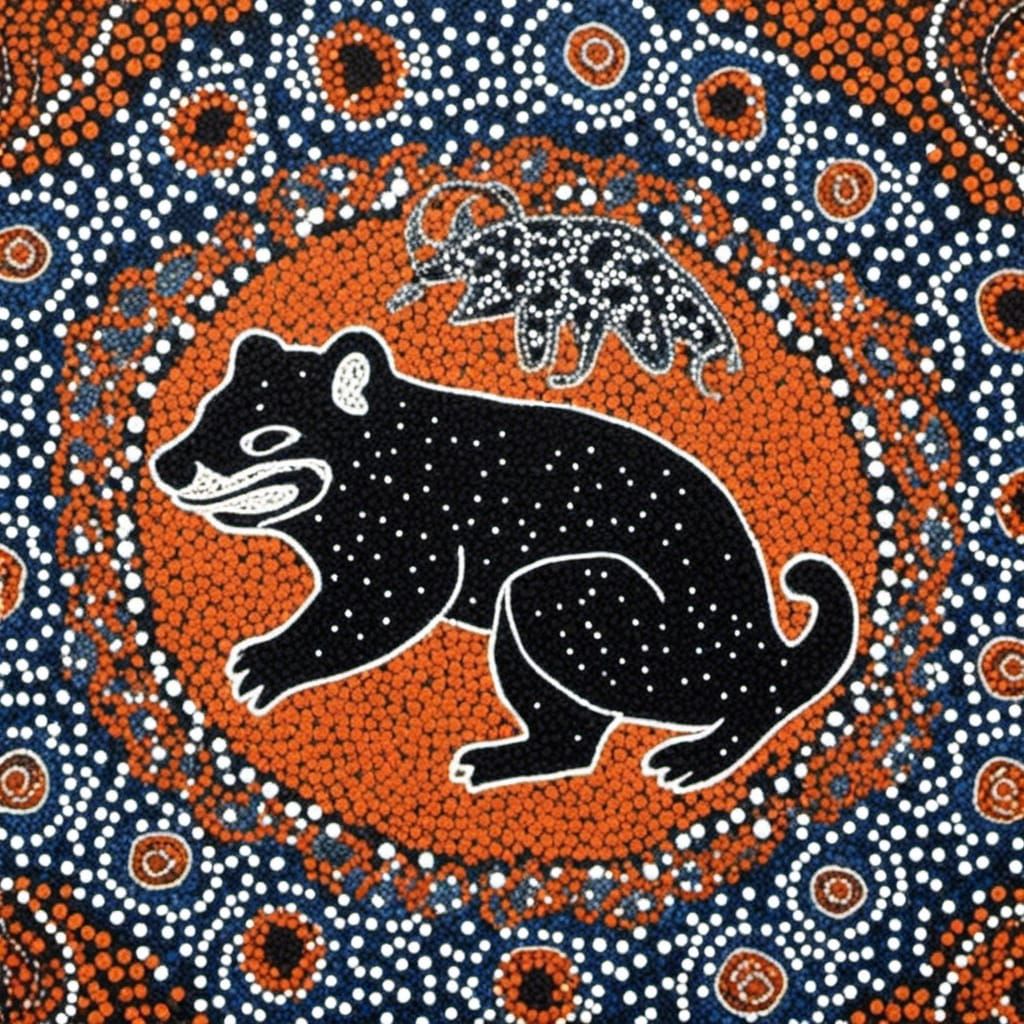 Tasmanian Devil Cave Painting in Pointillism Style