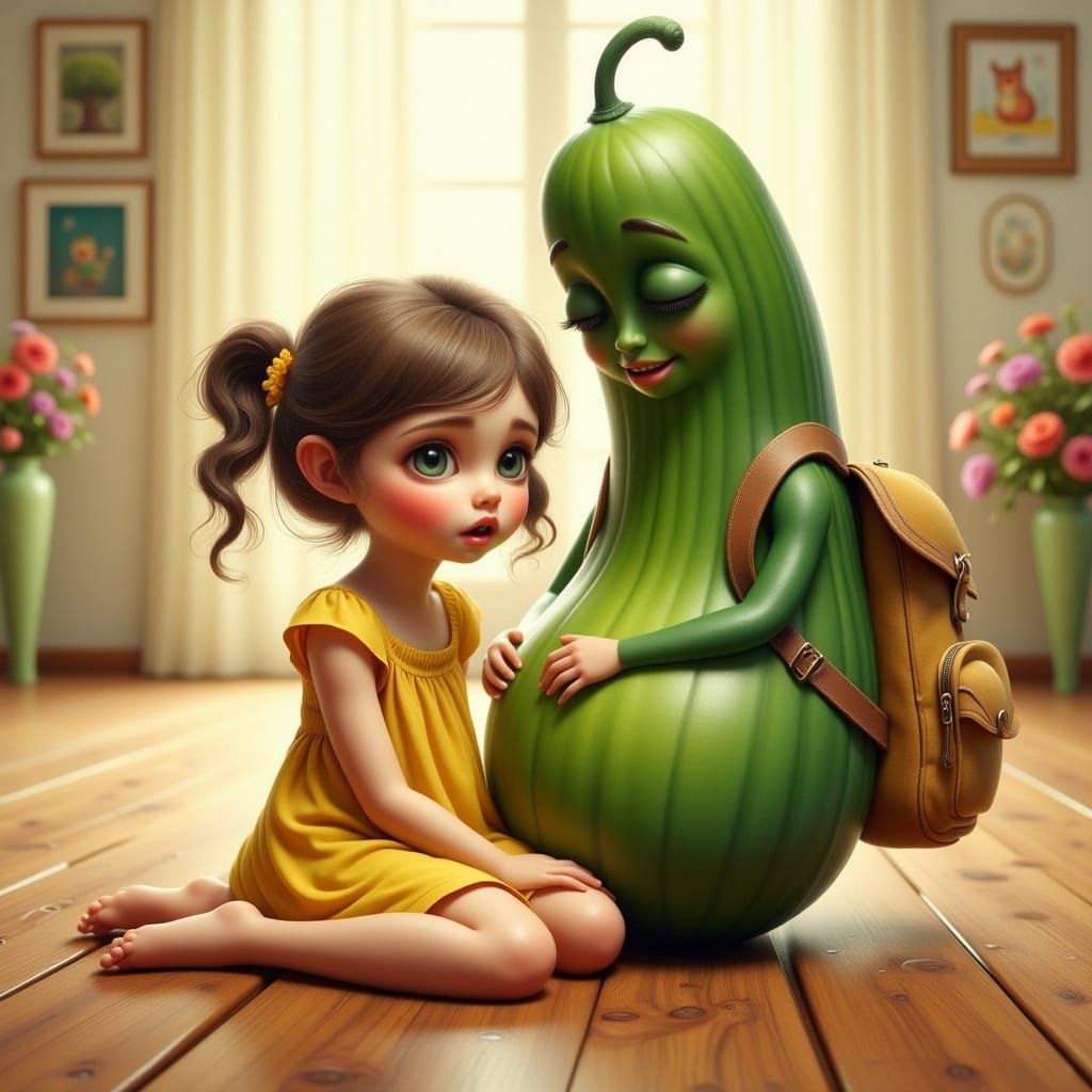 Little Girl Comforted by Giant Pickle Friend in Whimsical Se...