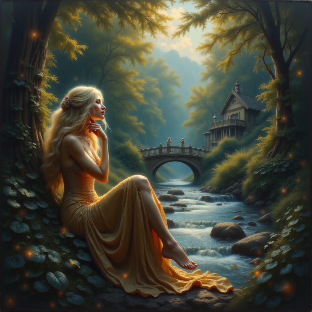 Serene Woman by River in Ethereal Bioluminescent Landscape