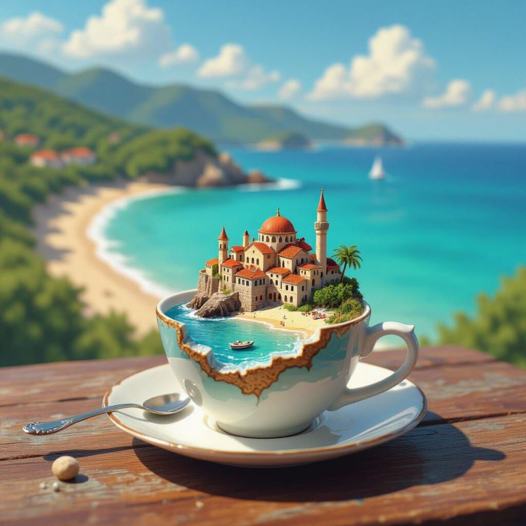 Miniature Mediterranean Town in Teacup, Miyazaki-inspired