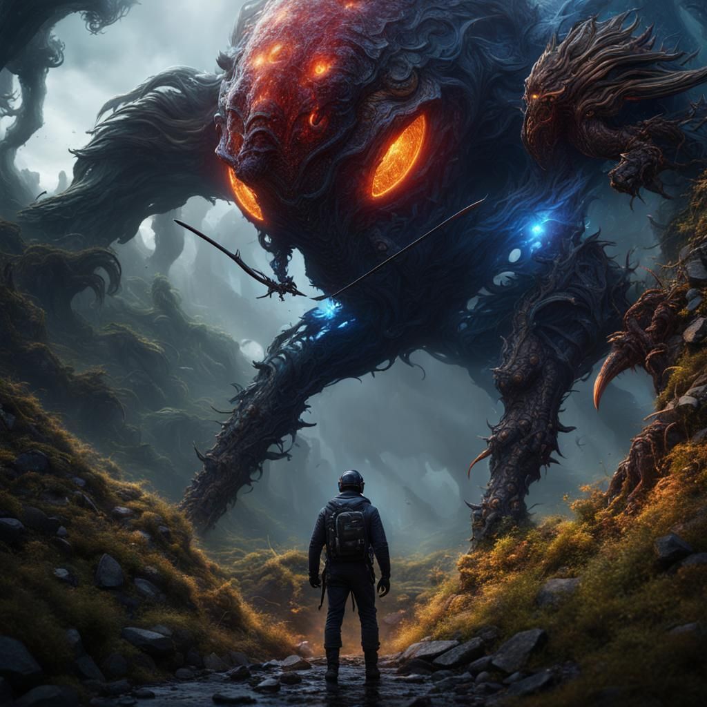 Colossal Entity and Tiny Human Matte Painting