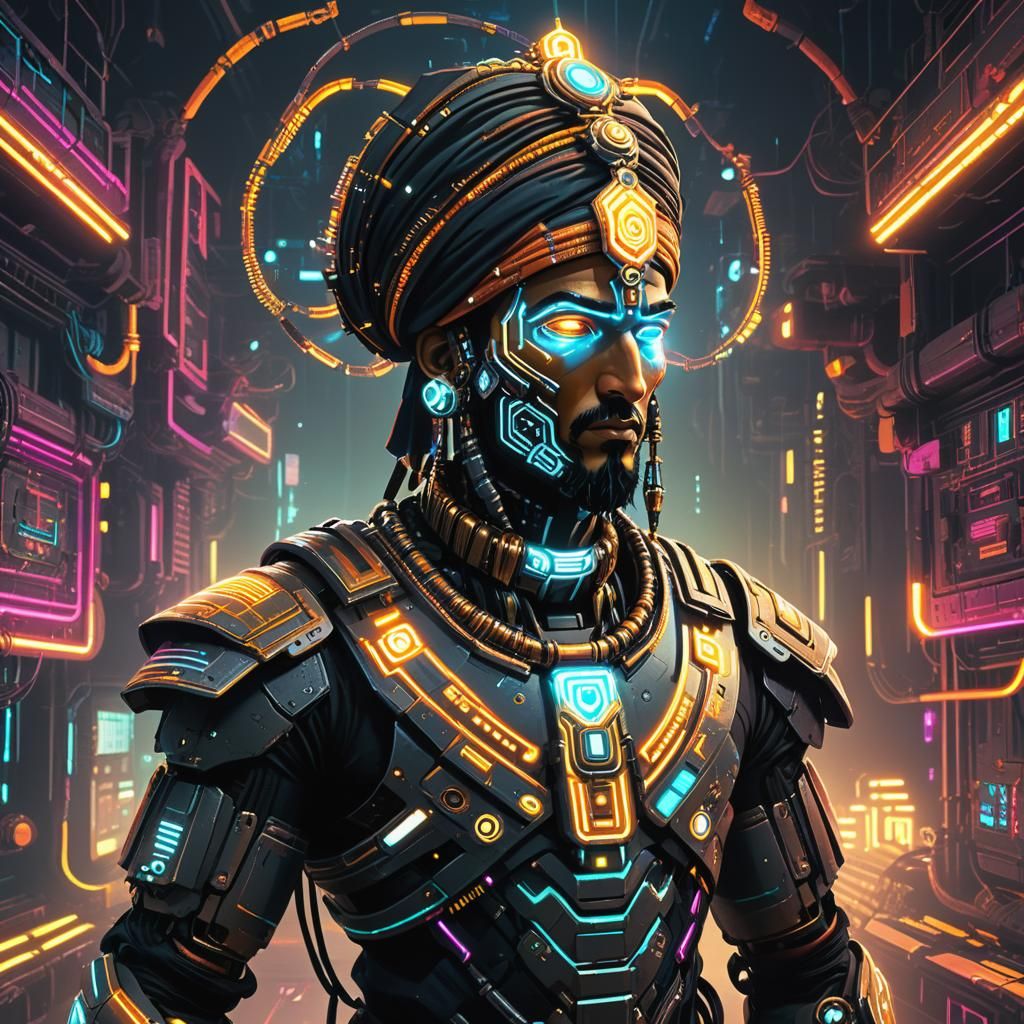 Indian cyberpunk robot soldier wearing turban based on Rajpu...