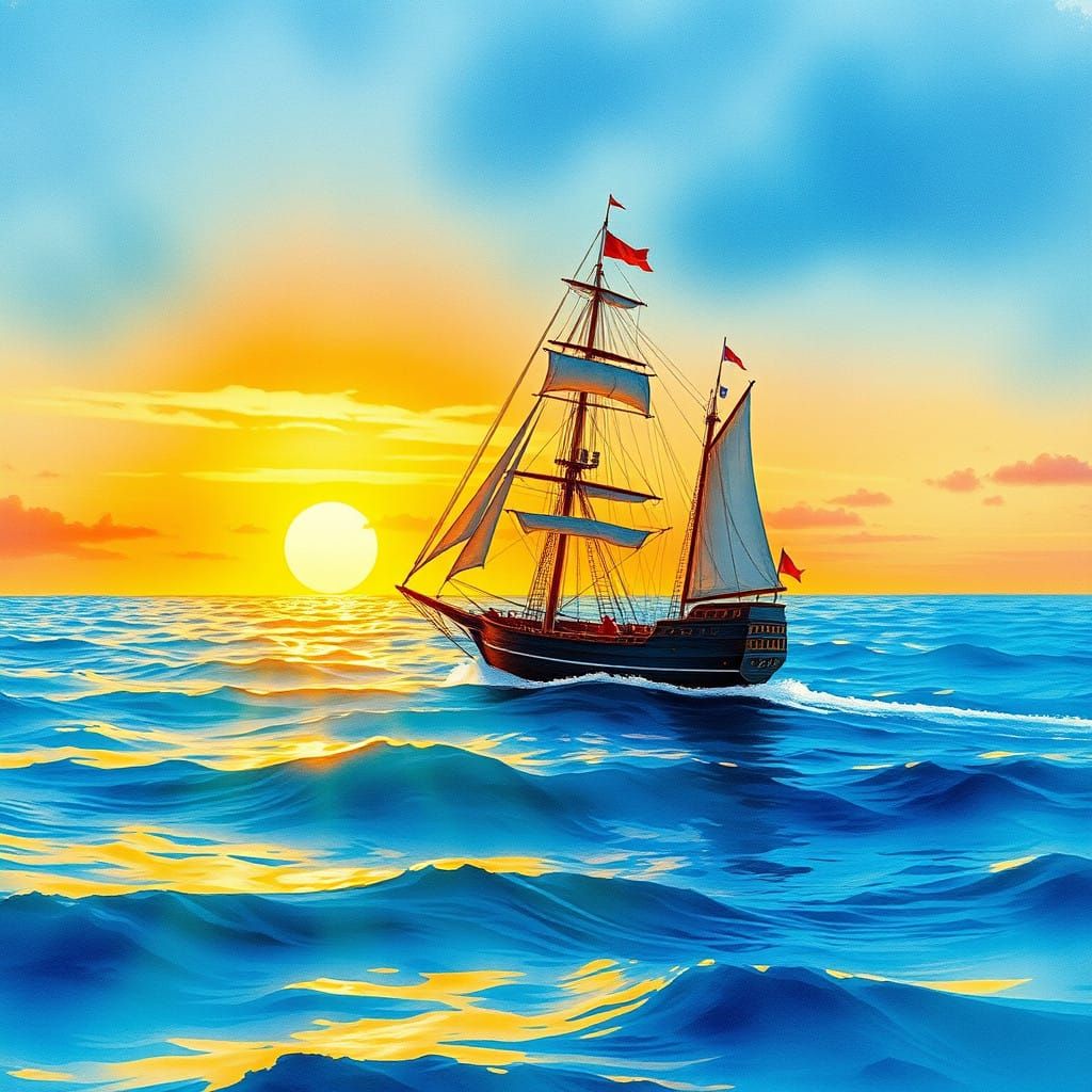 Vibrant Watercolor Sunset Scene with Sailing Ship