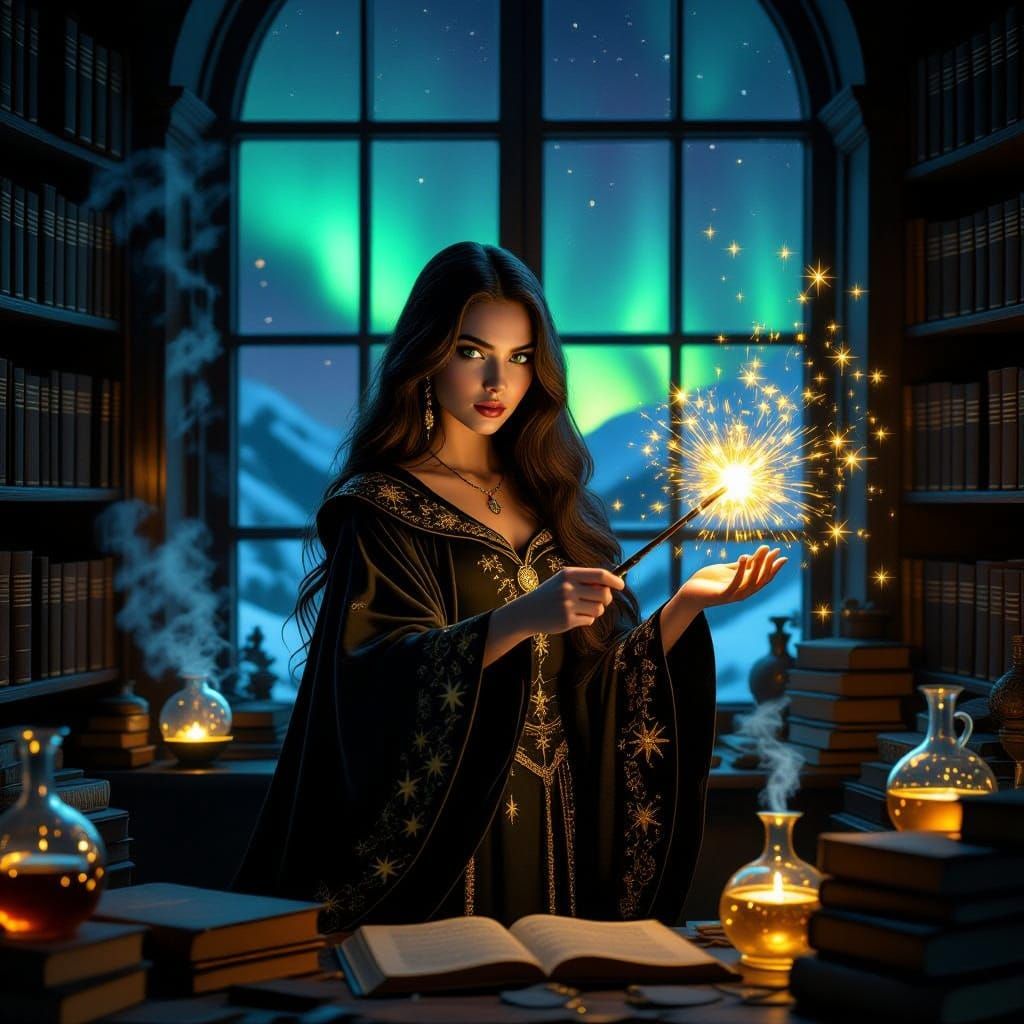Elegant Witch Unleashes Golden Light Amidst Ancient Books