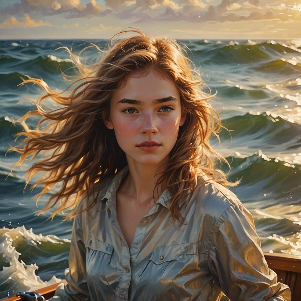 Dreamy Ocean View of Girl in Boat as Oil Painting