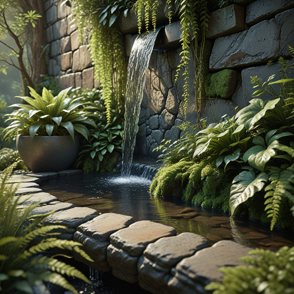 Epic Cascading Wall Fountain: Immersive Natural Sanctuary
Core Installation:

Stone basin: Wide, organic-shaped basin in...