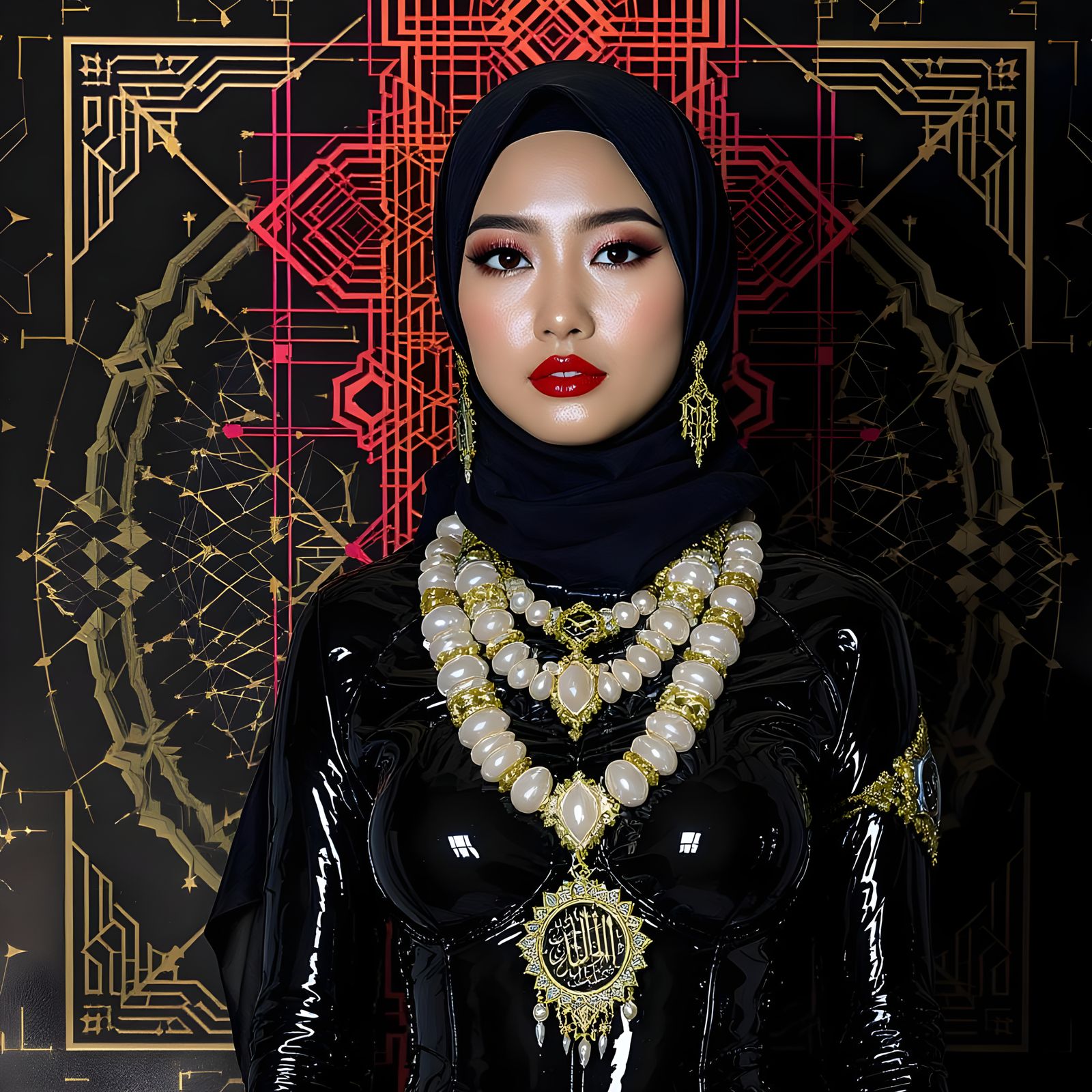 Futuristic Asian Woman in Latex and Pearls