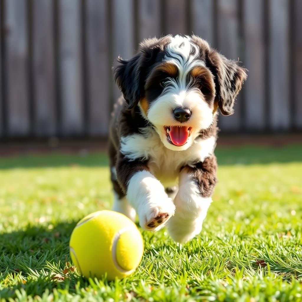 Adorable Bernedoodle Puppy Chases Tennis Ball in the Great O...