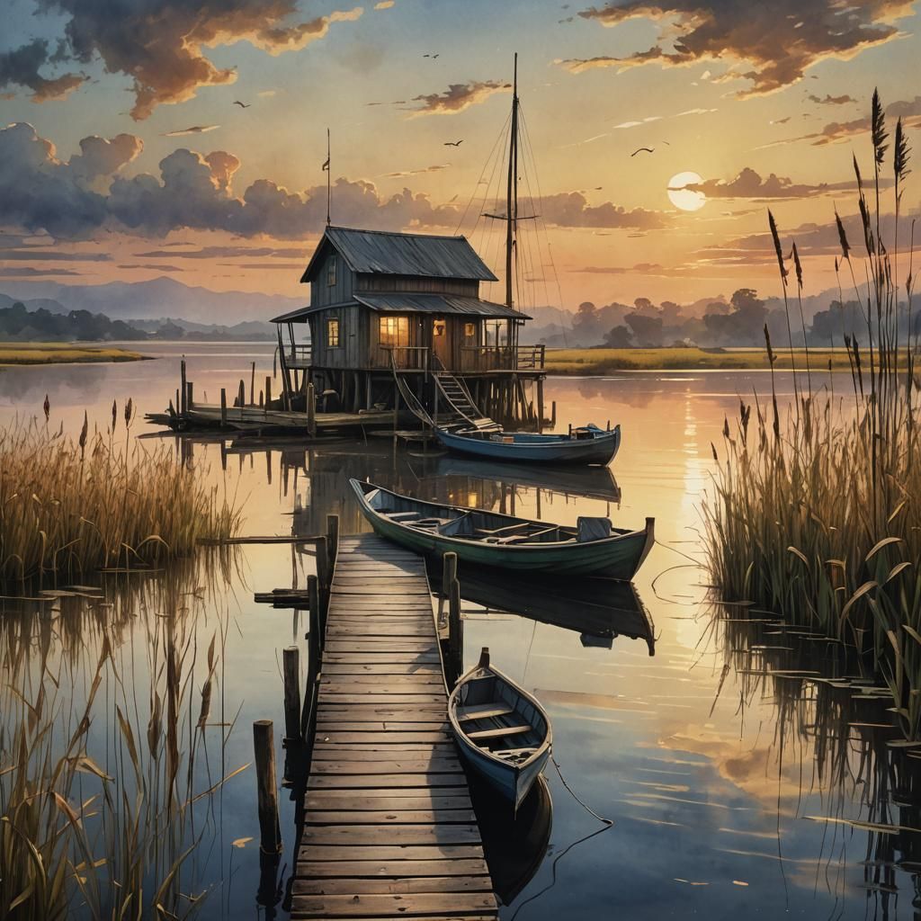 Watercolour of Boats on a Lake at Sunset