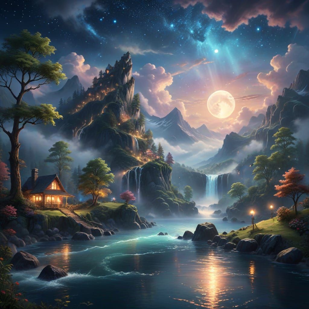 Ethereal Fantasy Island Under Glowing Moon and Stars
