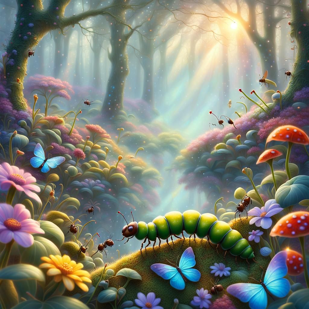 Ethereal Ants and Caterpillar in Misty Forest