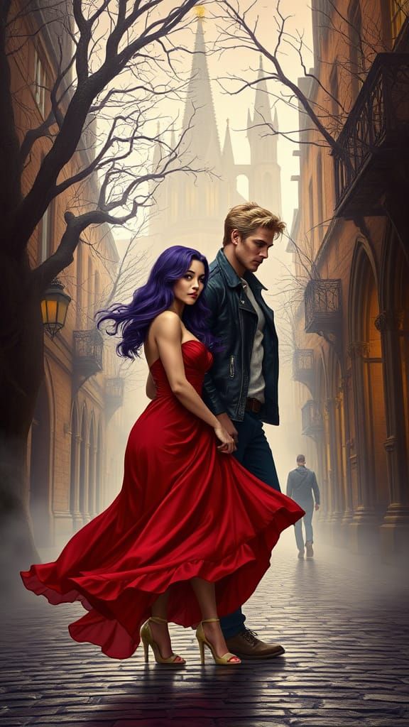 Fantasy Woman and Man on Misty Street