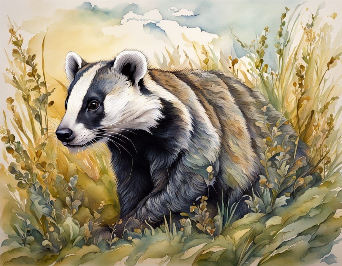 Badger in Grasslands: Baroque Rococo Watercolor Painting