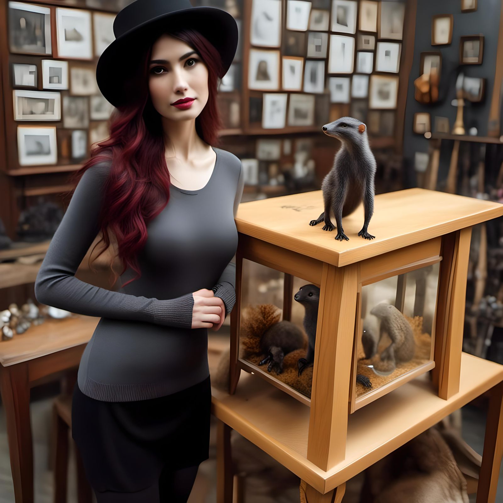 Brunette Woman with Mongoose in Top Hat Portrait