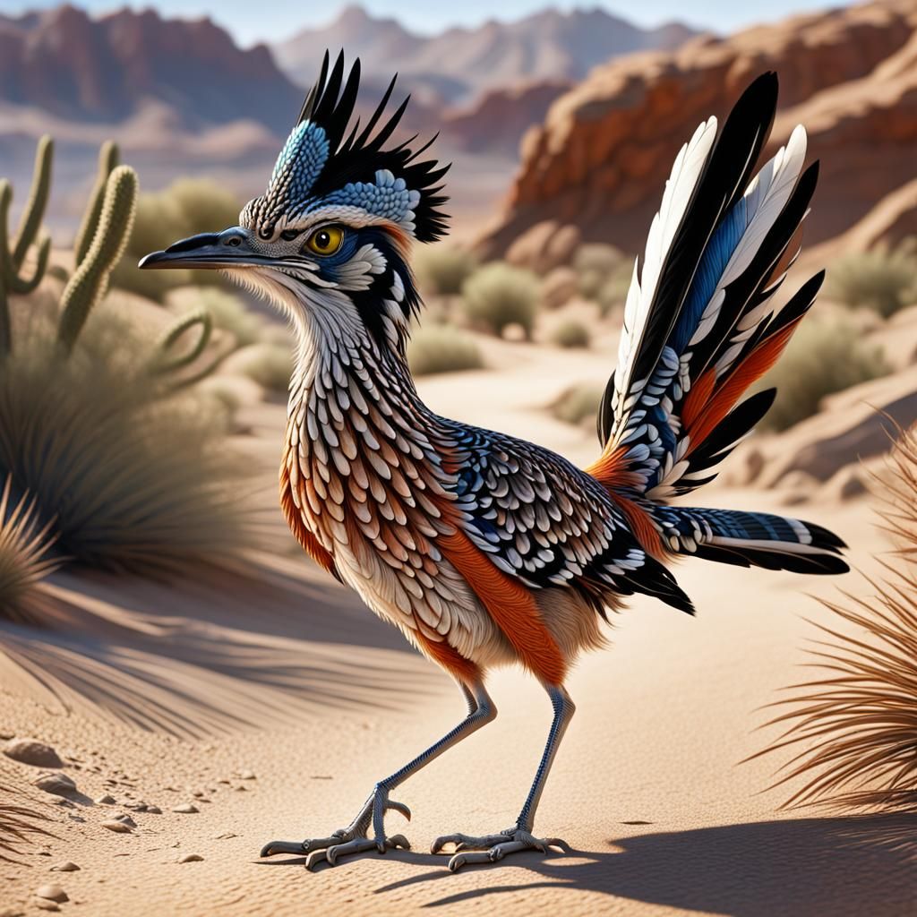 Detailed Roadrunner in Desert Landscape
