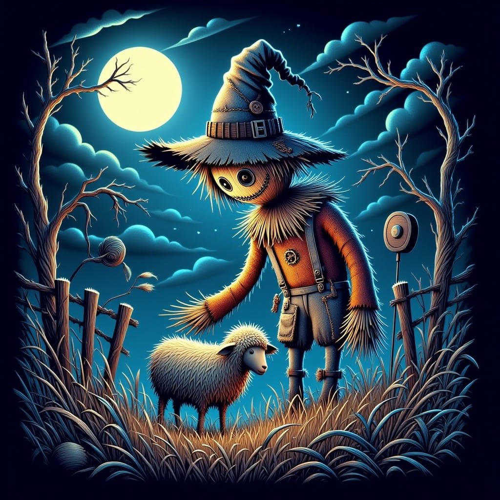 Steampunk Scarecrow and Sheep in Moonlit Meadow