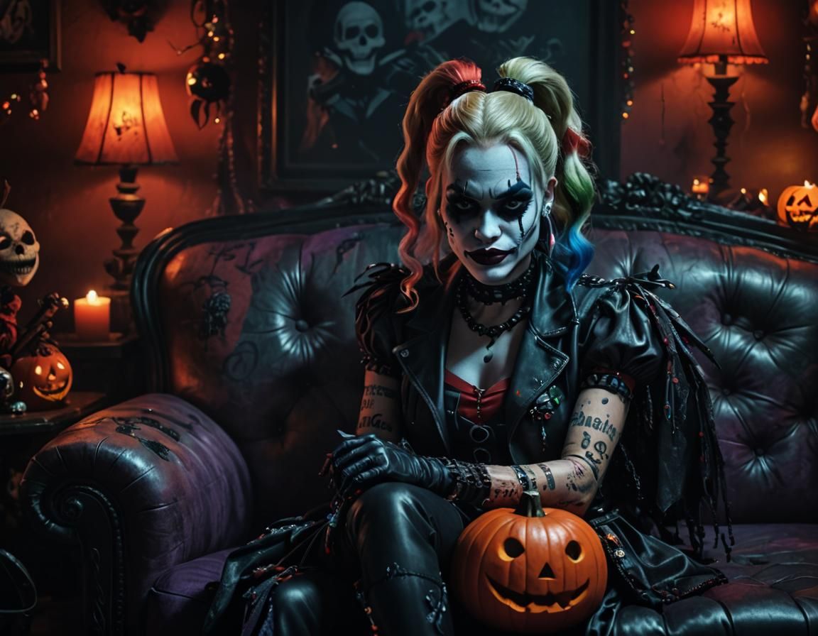 Voodoo Harley Quinn Portrait with Halloween Decor