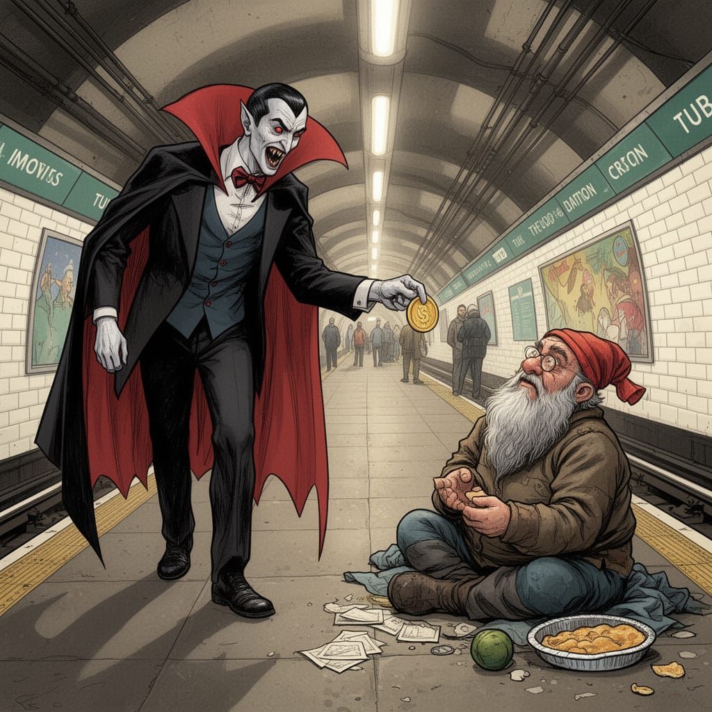 Vampire Flips Coin for Dwarf in Tube Station