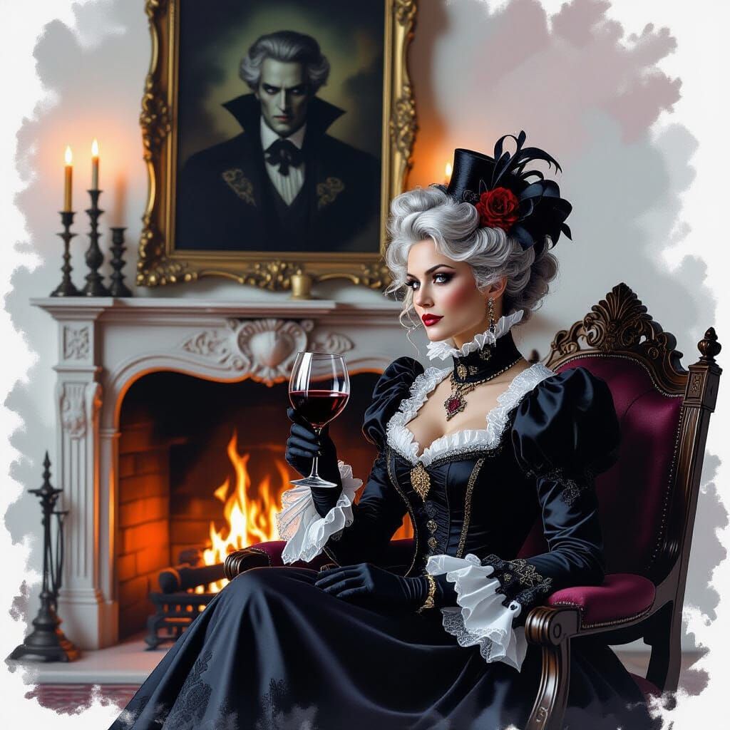 Victorian Lady by Fireplace in Gothic Horror Style