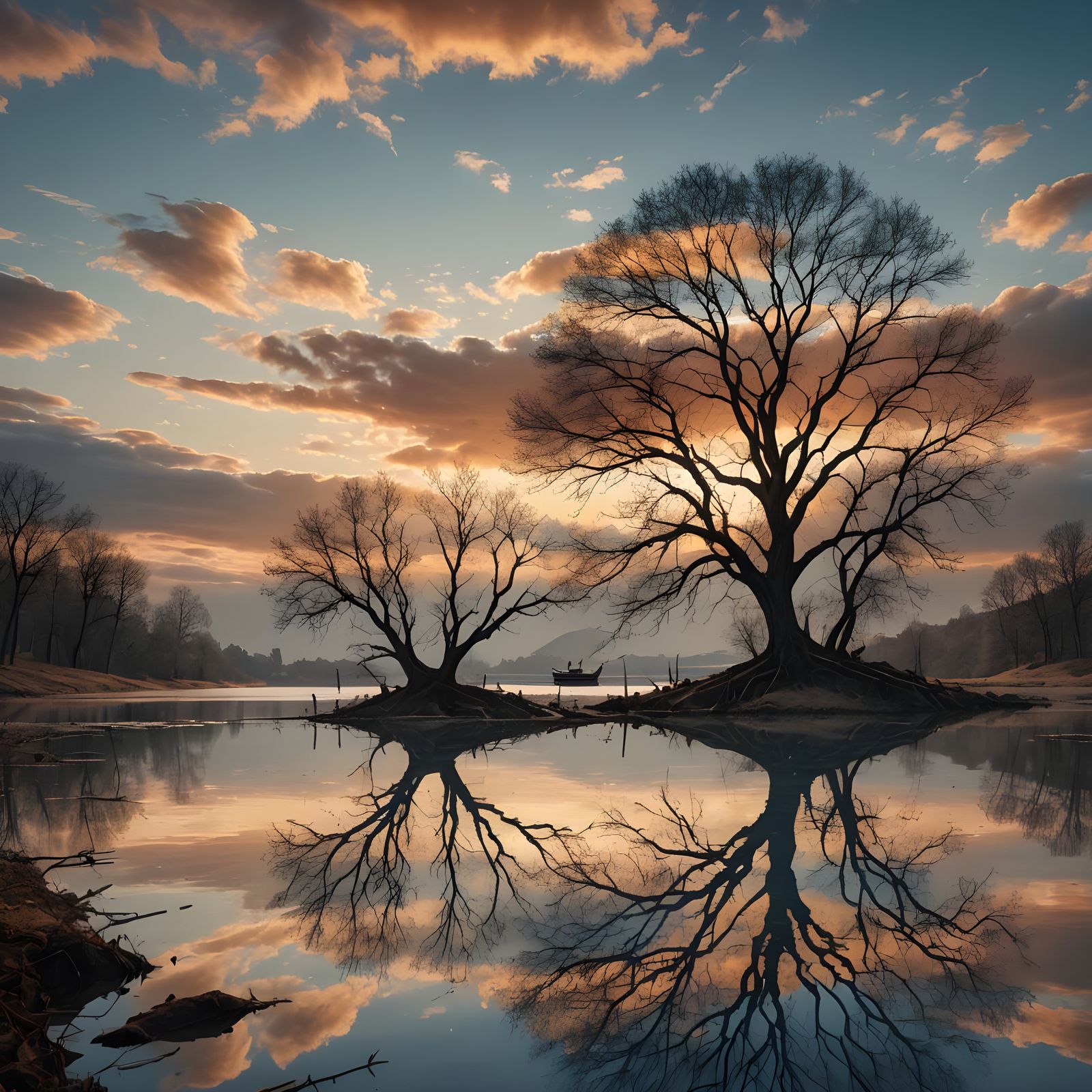 Lagoon Reflection: Leafless Trees in Ethereal Sunset