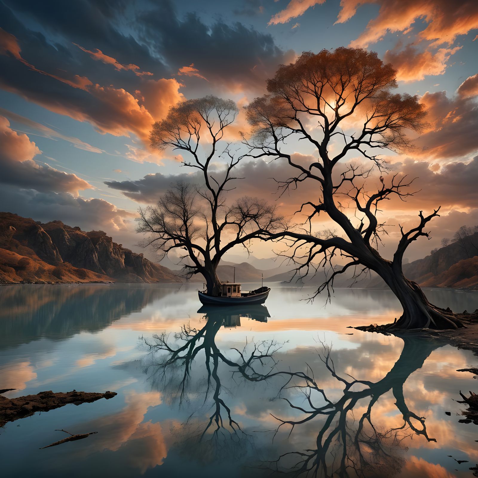 Ethereal Lagoon Reflection with Fishing Boat
