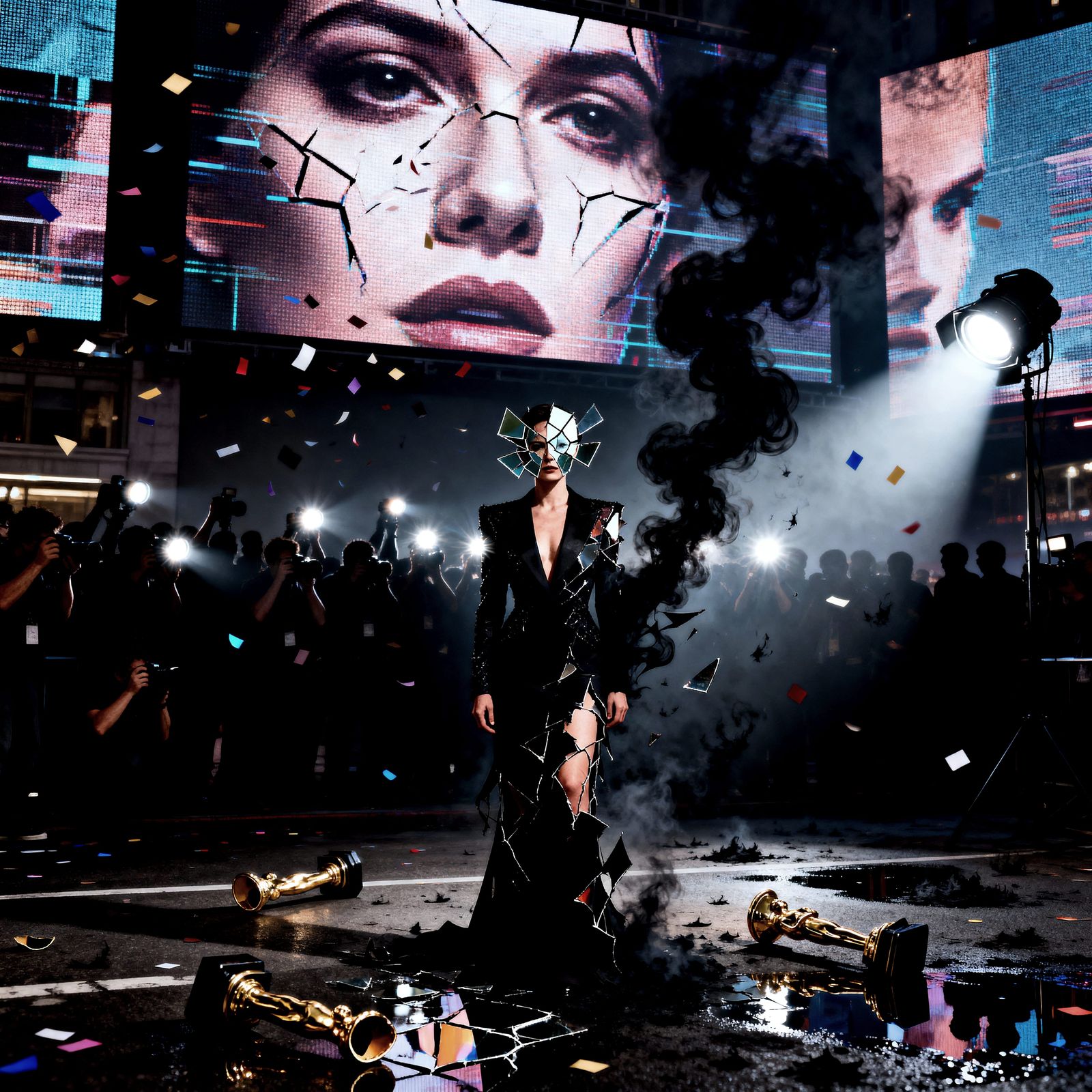 Surreal Portrait of Fame's Dark Side with Fractured Reflecti...