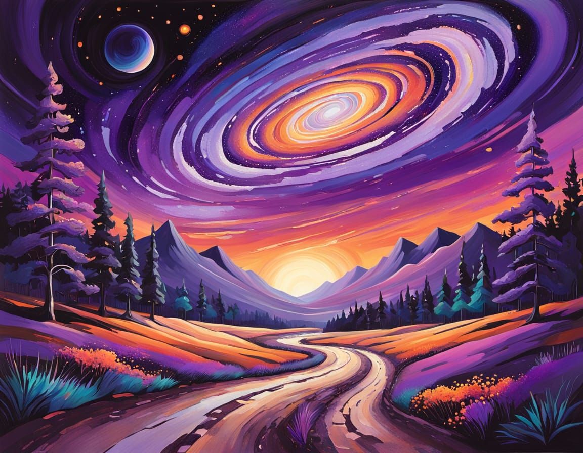 Surreal Landscape Painting in Cosmic Purple Orange