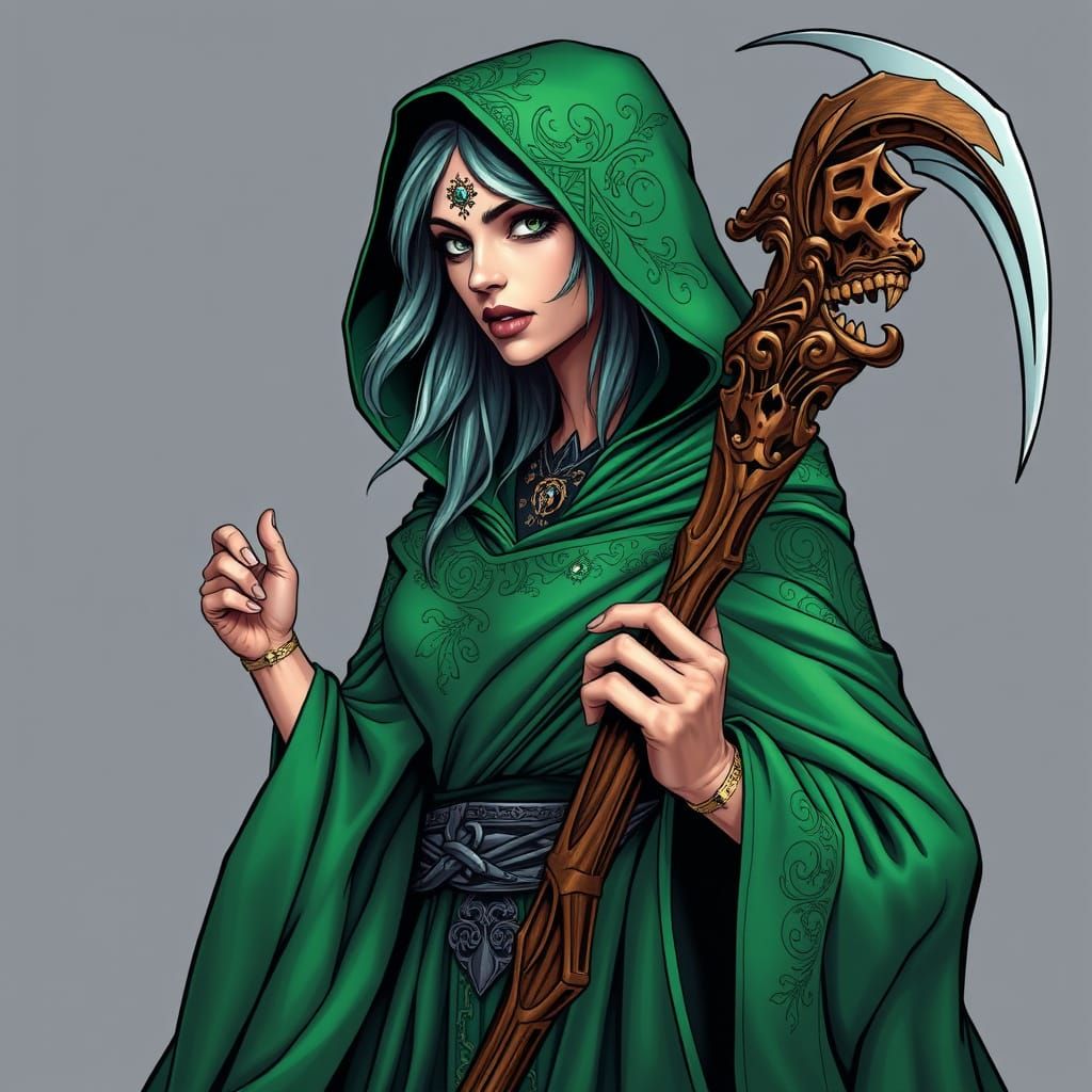 Gothic Witch in Emerald Cloak Wields Ornate Scythe