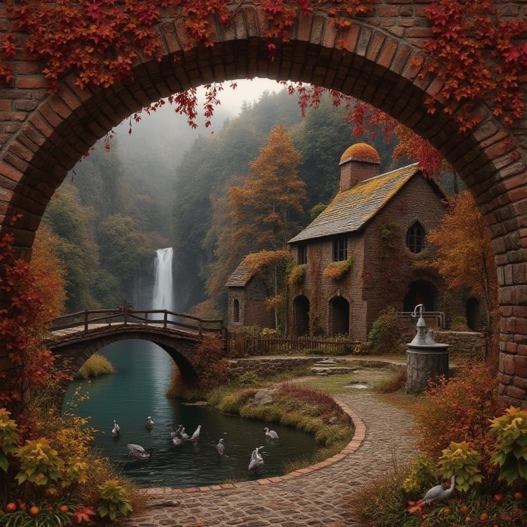 Ethereal Autumn Waterwheel in Foggy Mountainscape