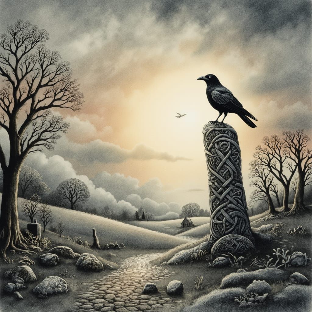 Mythical Raven in Misty Celtic Landscape Watercolor