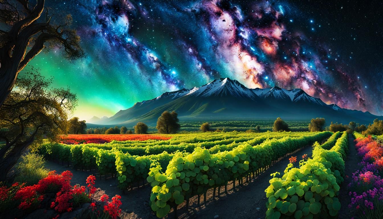 Cosmic Alien Garden Under Nebula Sky