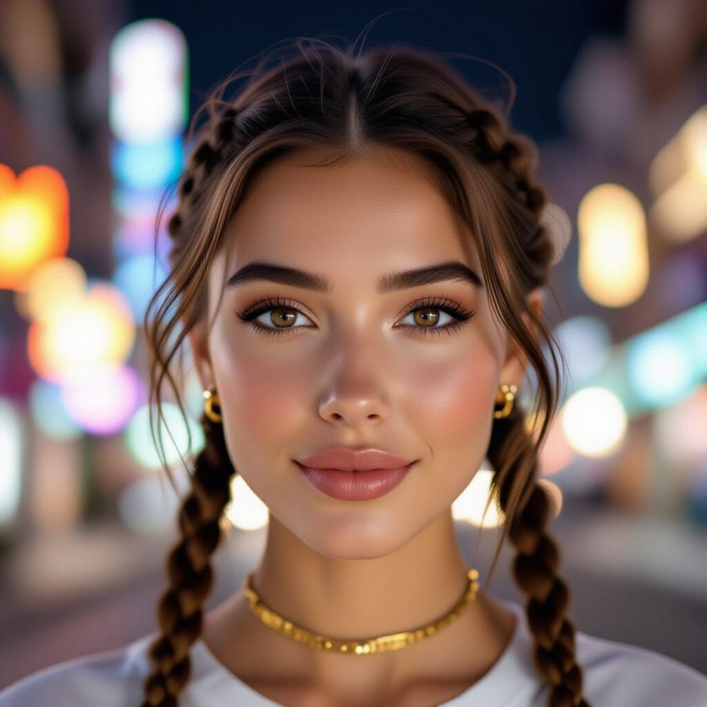 Young Woman in Night Metropolis, Hyperrealistic Portrait