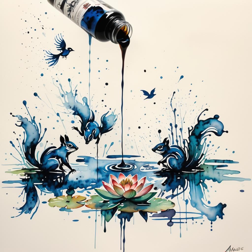 Surrealist splash. Medium shot. Ink flows from an overturned...