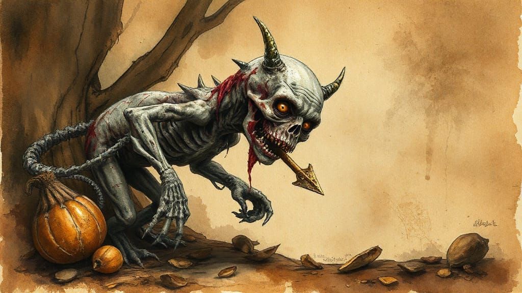 Whimsical concept art. Medium shot. A fantasy zombie creature on old coffee stained parchment. Watercolour style. Earthy...