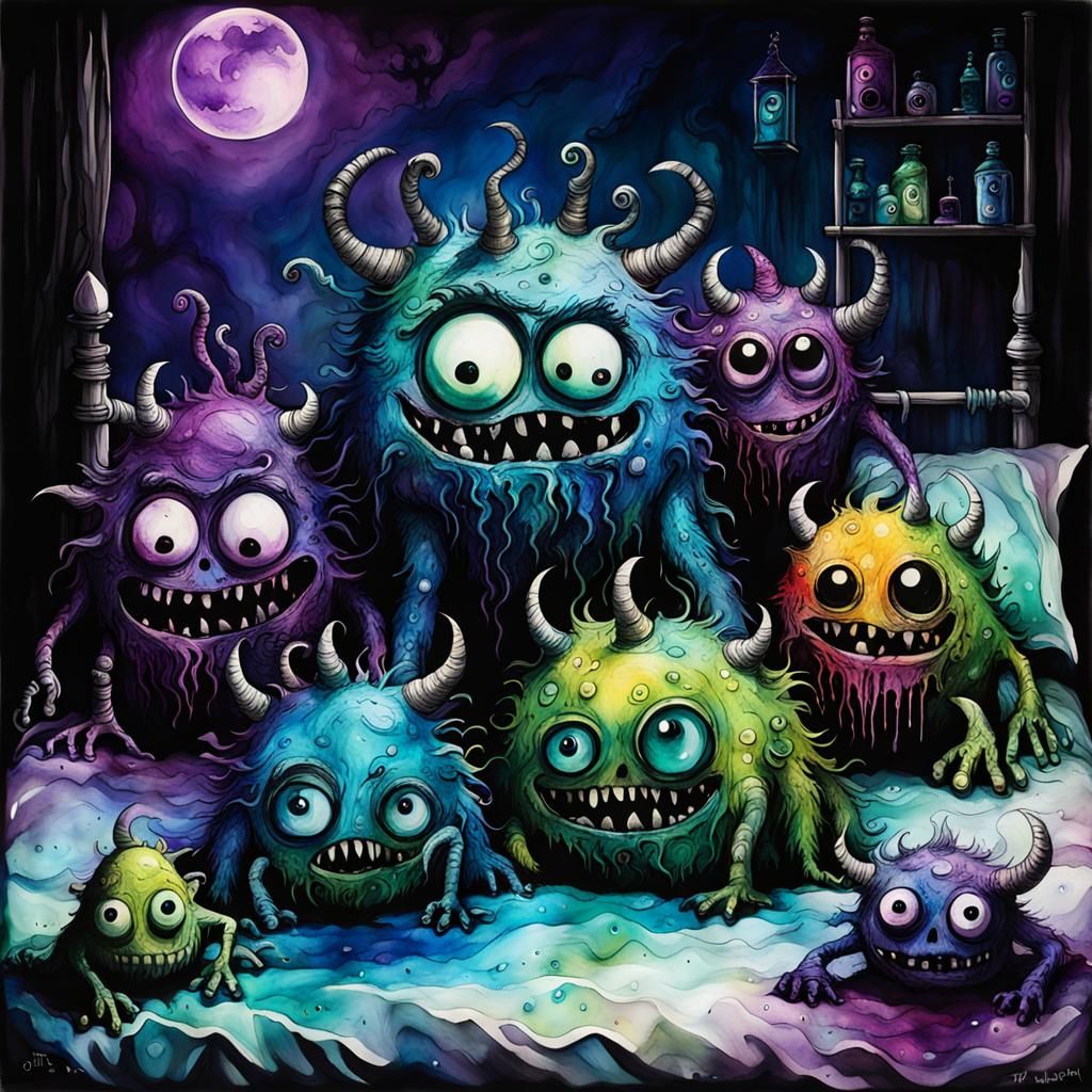 Creepy Monsters Under Bed in Alcohol Ink Style