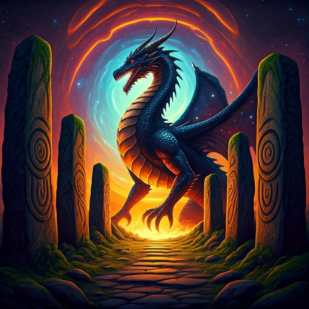 Dragon Amidst Ancient Standing Stones in Cosmic Aura