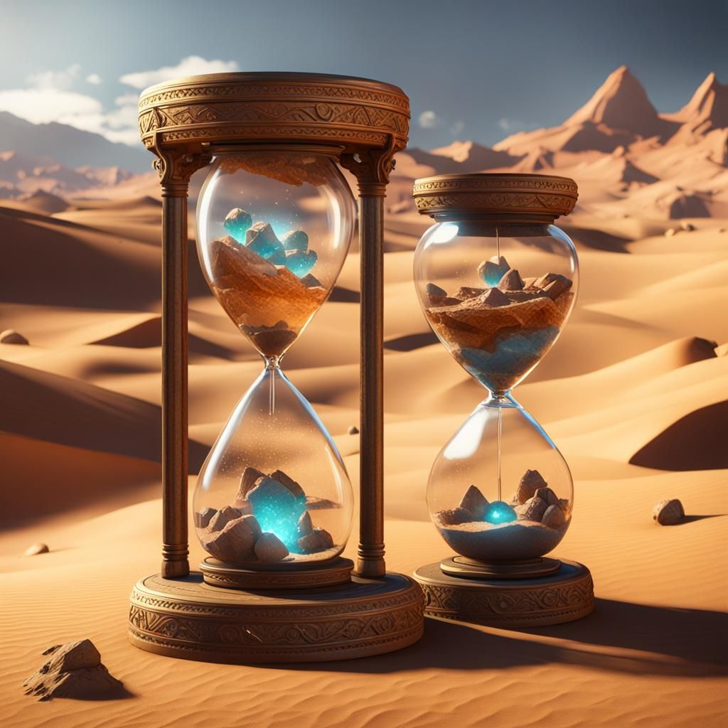 Surreal Desert Landscape with Flowing Hourglasses