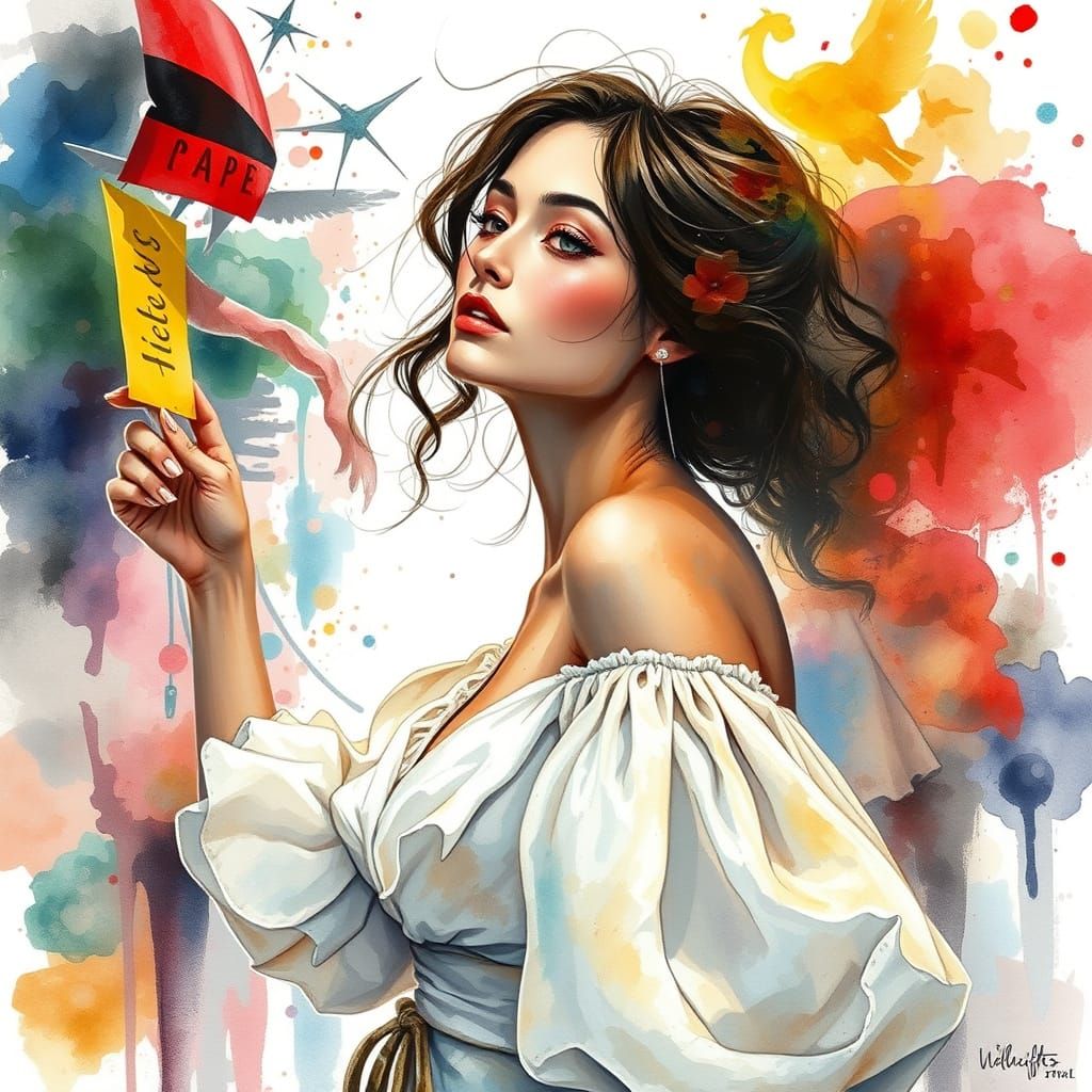Elegant Woman in Watercolor Landscape