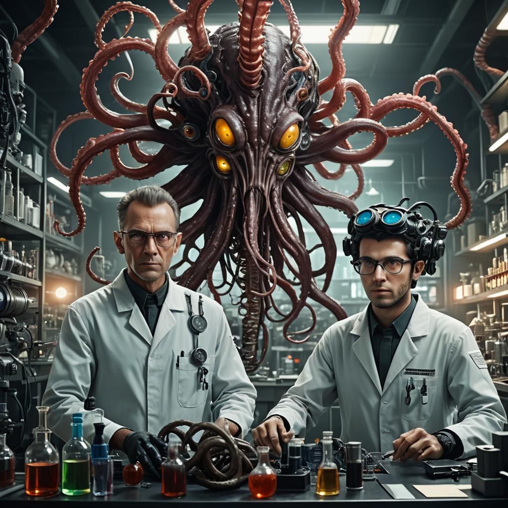 Alien Master and Apprentice in Sci-Fi Lab