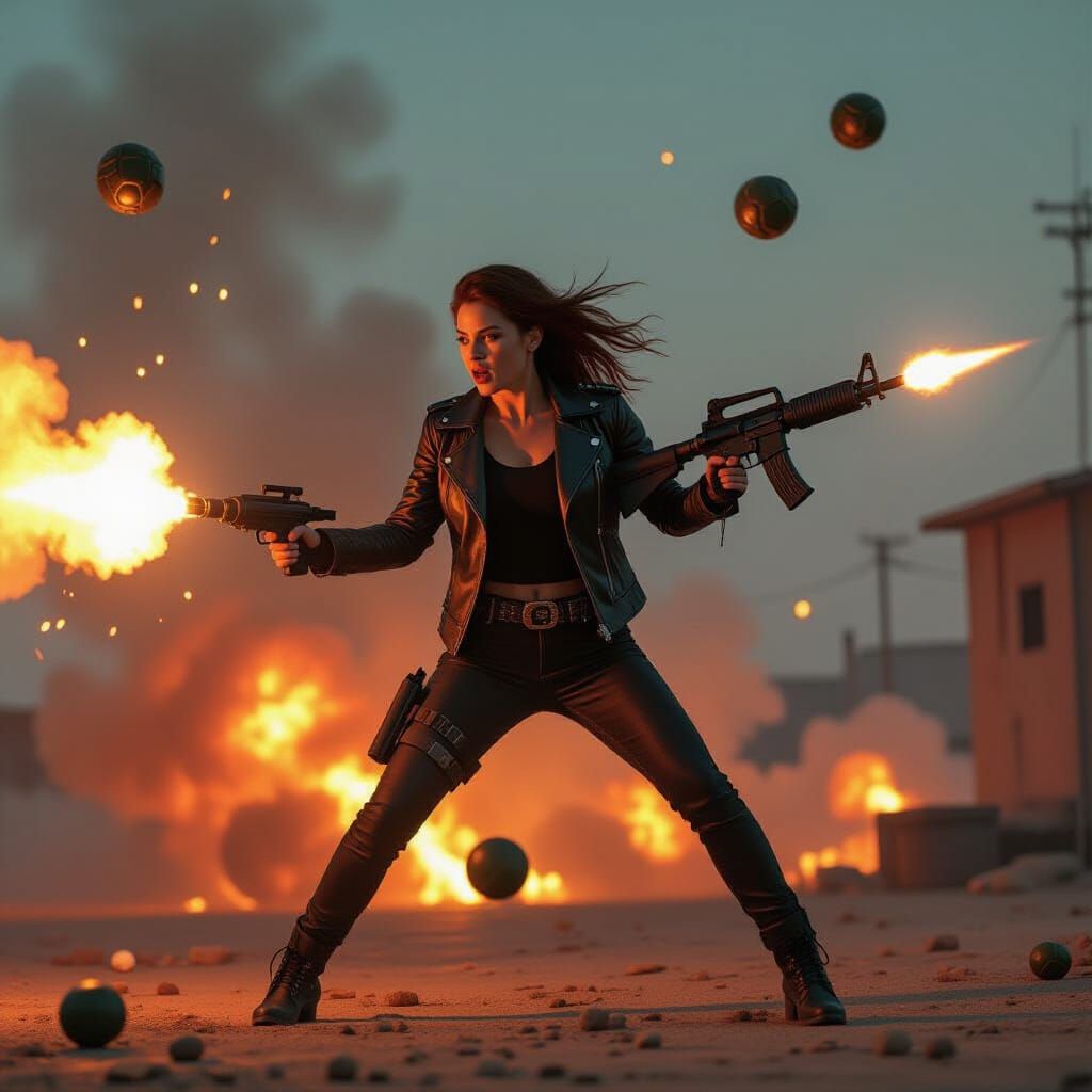 Flaming Woman Wields Flamethrower and AK-47