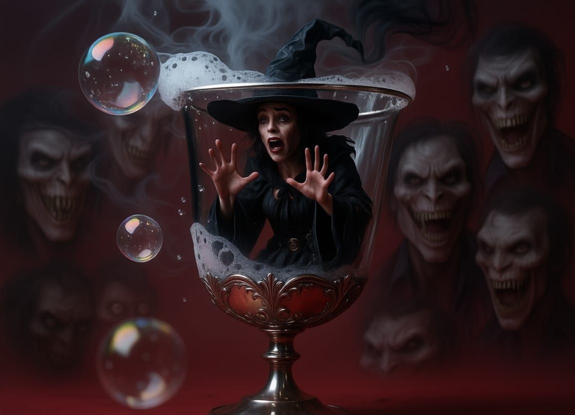 Witch Trapped in Bubbles Within Silver Goblet