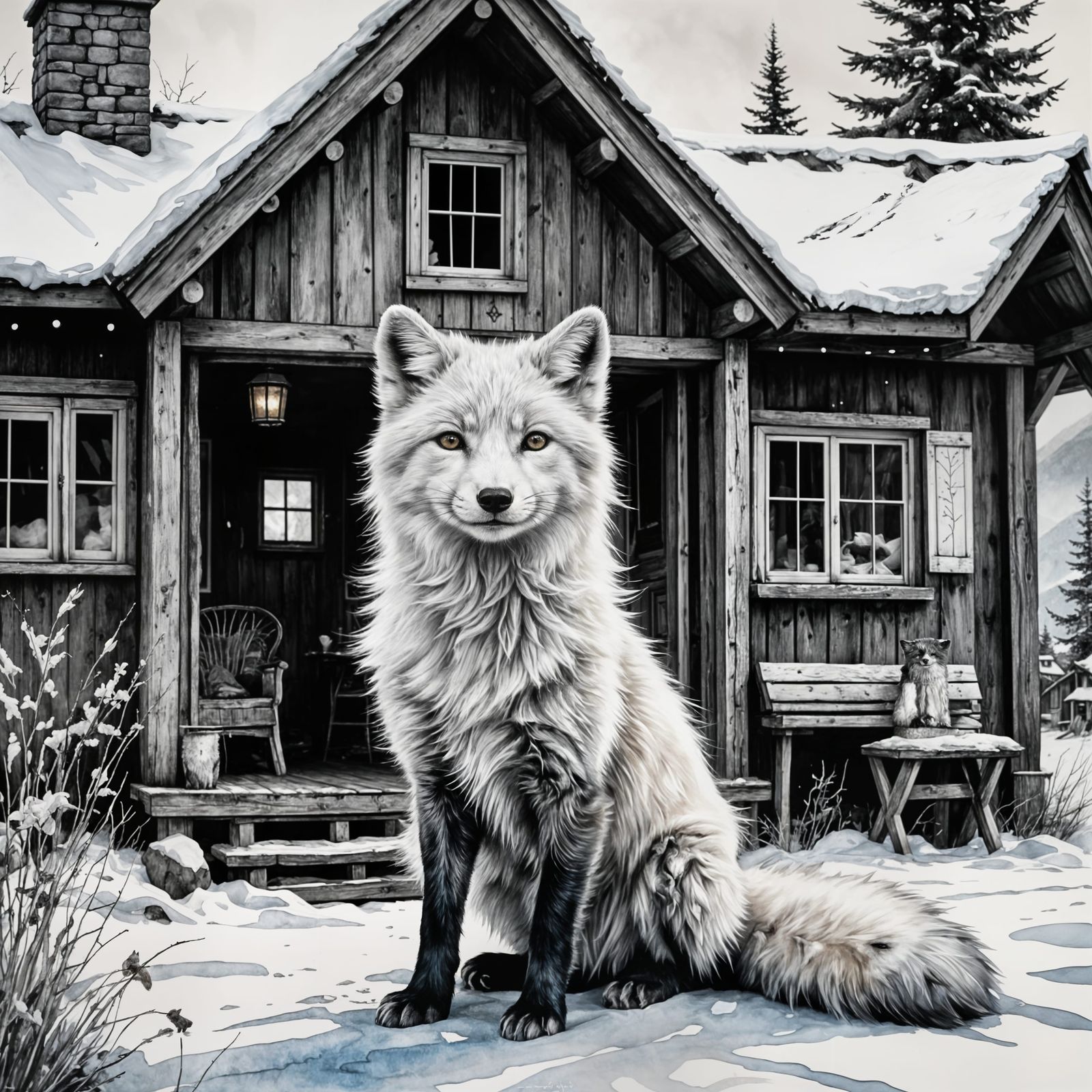 Joyful Arctic Fox in Black and White Watercolor